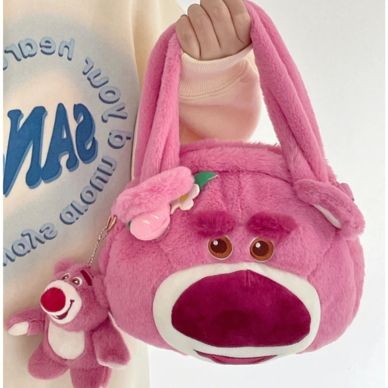 Disney Strawberry Bear New Girl Plush Shoulder Messenger Bag Cartoon Cute Girl Handbag Fashion Trend Plush Girl Bag High Quality