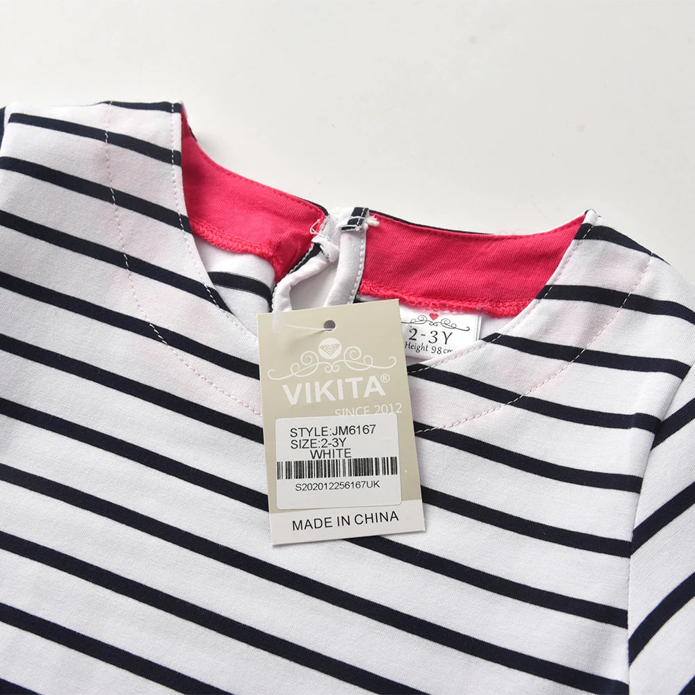 VIKITA Girl Short Sleeve Striped Dress for Summer Kids Rainbow Appliqued Cotton Casual Daily Cozy Straight Vestidos Kids Clothes