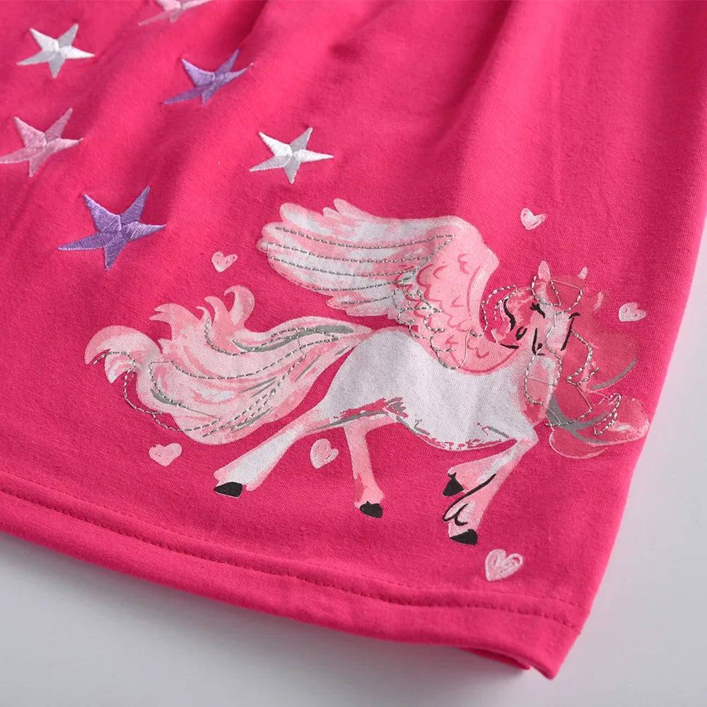 VIKITA Girls Flare Sleeve Autumn Spring Dress Kids Licorne Print Striped Dress Girls Cotton Casual Daily School Straight Dresses