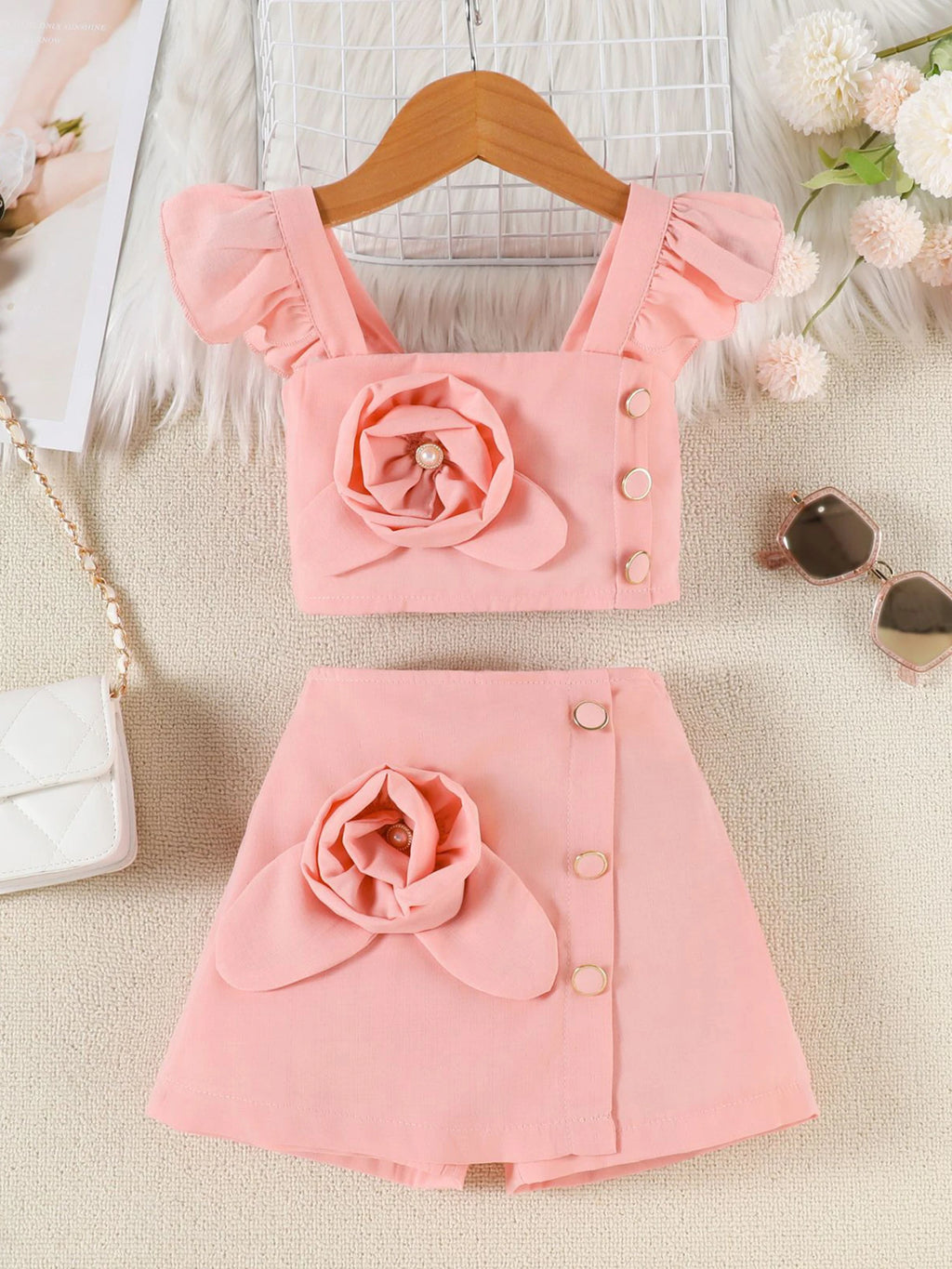 Adorable Baby Girl Summer Ensemble Flutter Sleeve Square Neck Top with 3D Floral Detailing and Matching A-Line Skirt - 2 Piece