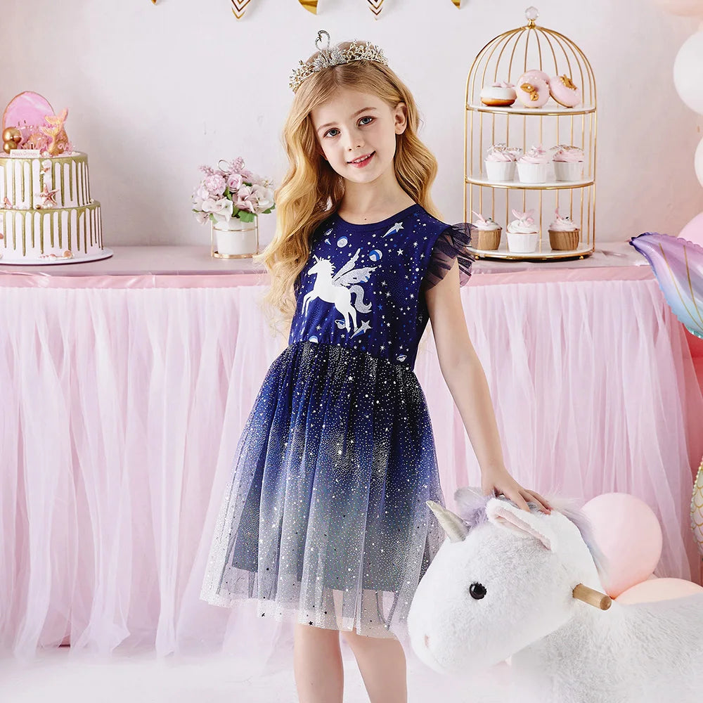 VIKITA Kids Licorne Cartoon Dress Girls Flare Sleeve Summer Dresses Girls Gradient Birthday Party Performance Princess Dresses