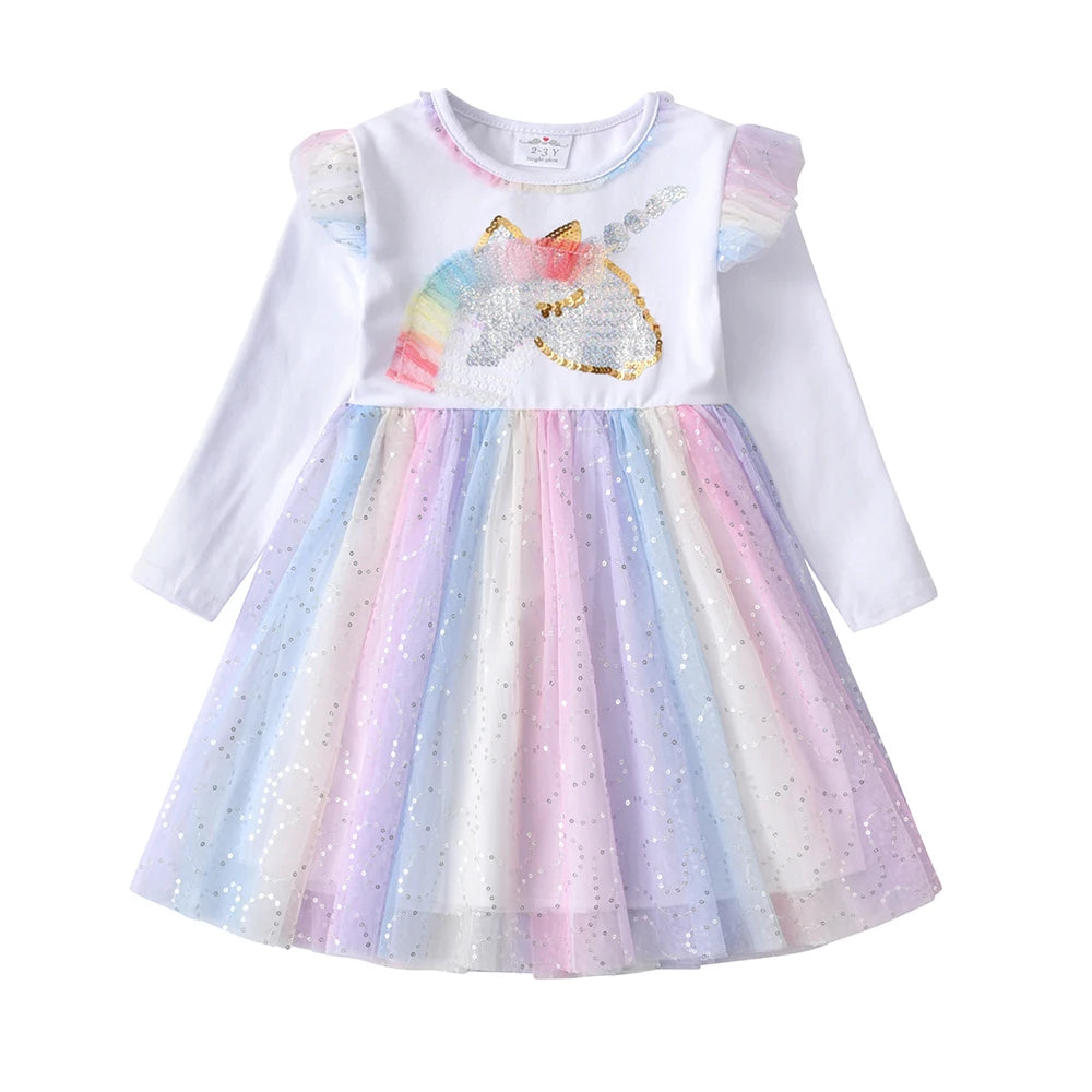 VIKITA Children Clothes Girls Autumn Spring Long Sleeve Colorful Dress Kids Licorne Mesh Tulle Princess Party Frocks 8 Years Old