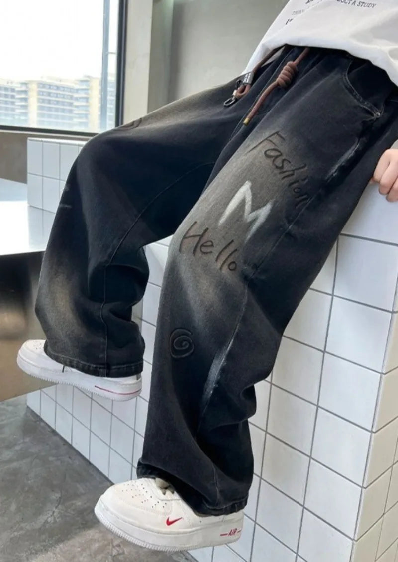 Boys' Trendy Streetwear Jeans for Spring/Fall - Loose Fit Straight-Leg Wide-Leg Denim Pants for Boys 8-14