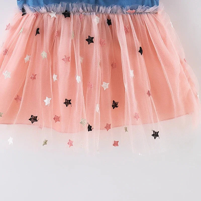 (Girls 0-3 Years Old)New Summer Girls Dress Small Flying Sleeve Bow Cowboy Work Pompous Past Polka Dot Color Sweet Princess Dres