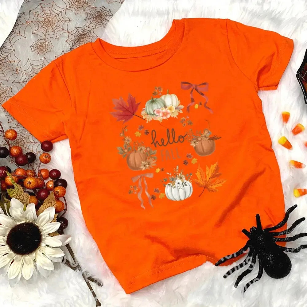 Halloween Print Kids Tee Tops Casual Short Sleeve Child Pumpkin Print Round Neck Tees Shirt Holiday Halloween Party Kid Clothes