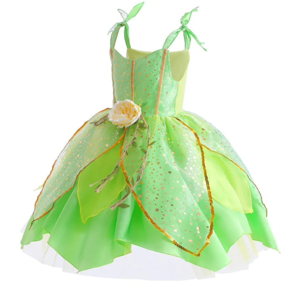 Disney Classic Elf Movie Tinker Bell Girls Play Fairy Dress Green Suspender Skirt With Wings and Flower Christmas Gift for Girls