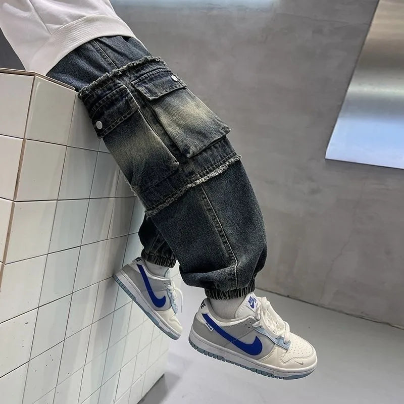 2025 Boys' Cargo Pants All-Season Washed Tie-Dye Denim Long Pants Trendy Casual Style