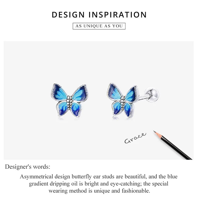 Bamoer 925 Sterling Silver Luxury Girl Earrings Rainbow Butterfy Cute Fancy Funny Ear Stud Original for Women Party Fine Jewelry