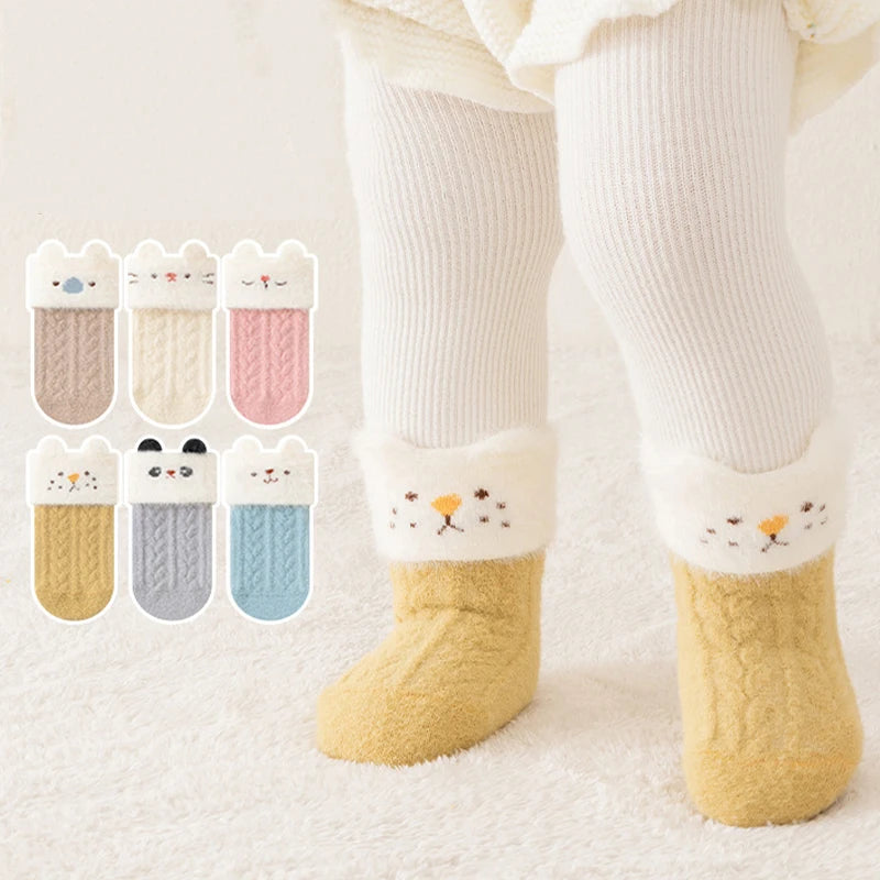 3/6 Pairs Children'S Socks Solid Color Cartoon Kids Mid-Tube Socks Winter Warmth Newborn Socks For Boys And Girls