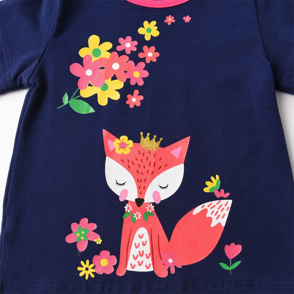 VIKITA Girls Casual Cute Long Sleeve Cotton T Shirt O Neck Squirrel Floral Print Navy Blue Tops Cotton Daily Wear Kids Clothing