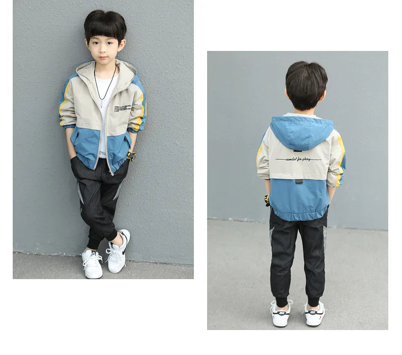 New Handsome Teenager Boys Hoodies Fashion Splicing Style Coat For Kids 3-12 Years Children Windbreaker Jacket