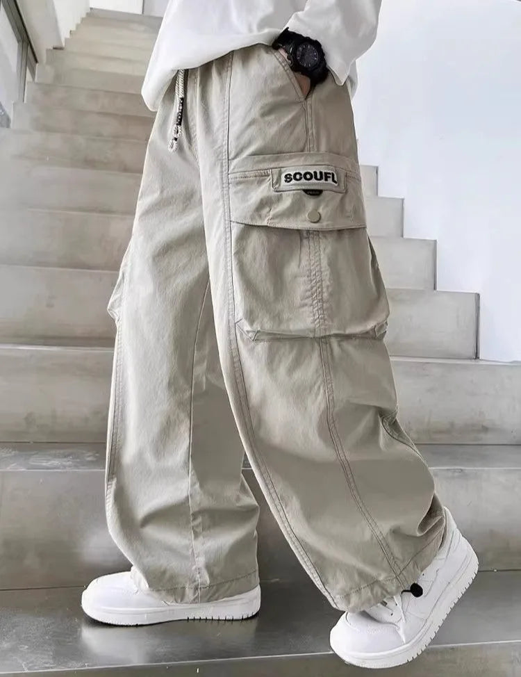 2025 Spring Autumn Boys' Cuffed Cargo Pants Straight Leg Cotton Stylish New Design