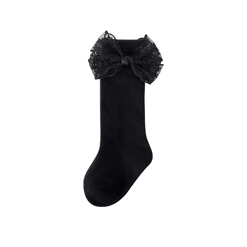 Adorable Baby Girl Knee-High Socks with Lace Bow Detail and Non-Slip Grip - Perfect for Spring and Summer Wear