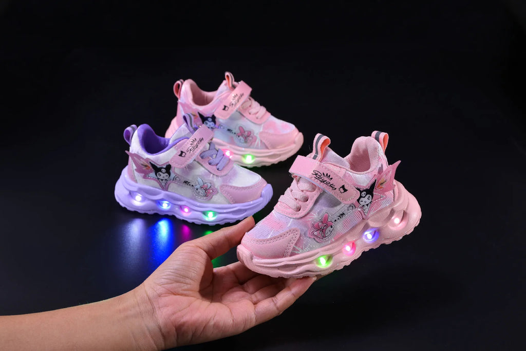 Kids'Casual Shoes Girls Led Light Cartoon PU Leather Spring Fashion Flat Bottom Anti-slip Soft Bottom Pink Purple Size 21-30