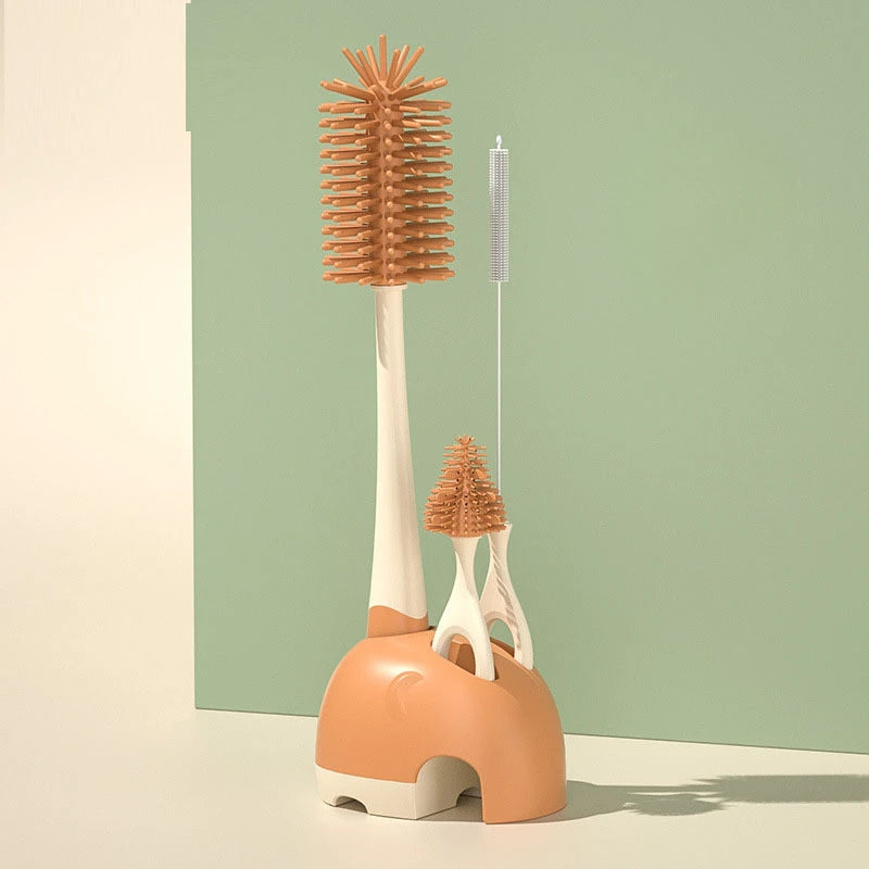 Baby Silicone Bottle Brush Set with Stand Baby Cleaning Brush Travel Size Drain Rack Long Handle 3 in 1 Multipurpose