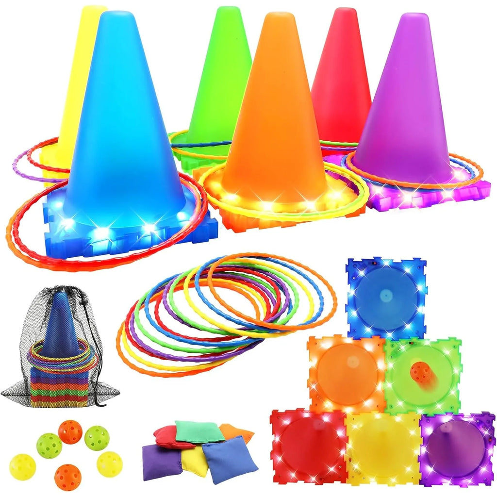 3 in 1 Ball & Ring & Bean Bag Cones Toss Game Play Set with Light Multiple Throwing Target Models Outdoor Family Yard Party Game