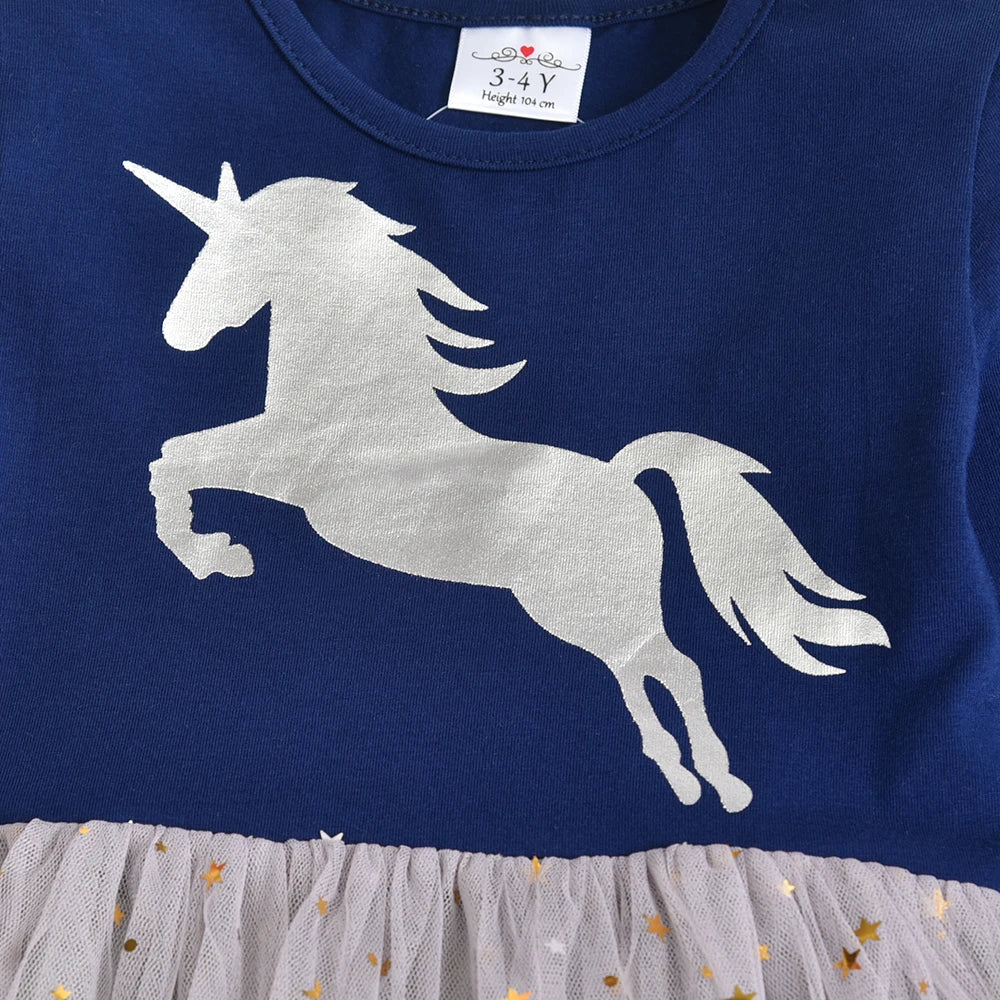 VIKITA Girls Unicorn Print Dress Kids Sequins Princess Dresses Kids Long Sleeve Autumn Spring Patchwork Mesh Tulle Cute Dresses