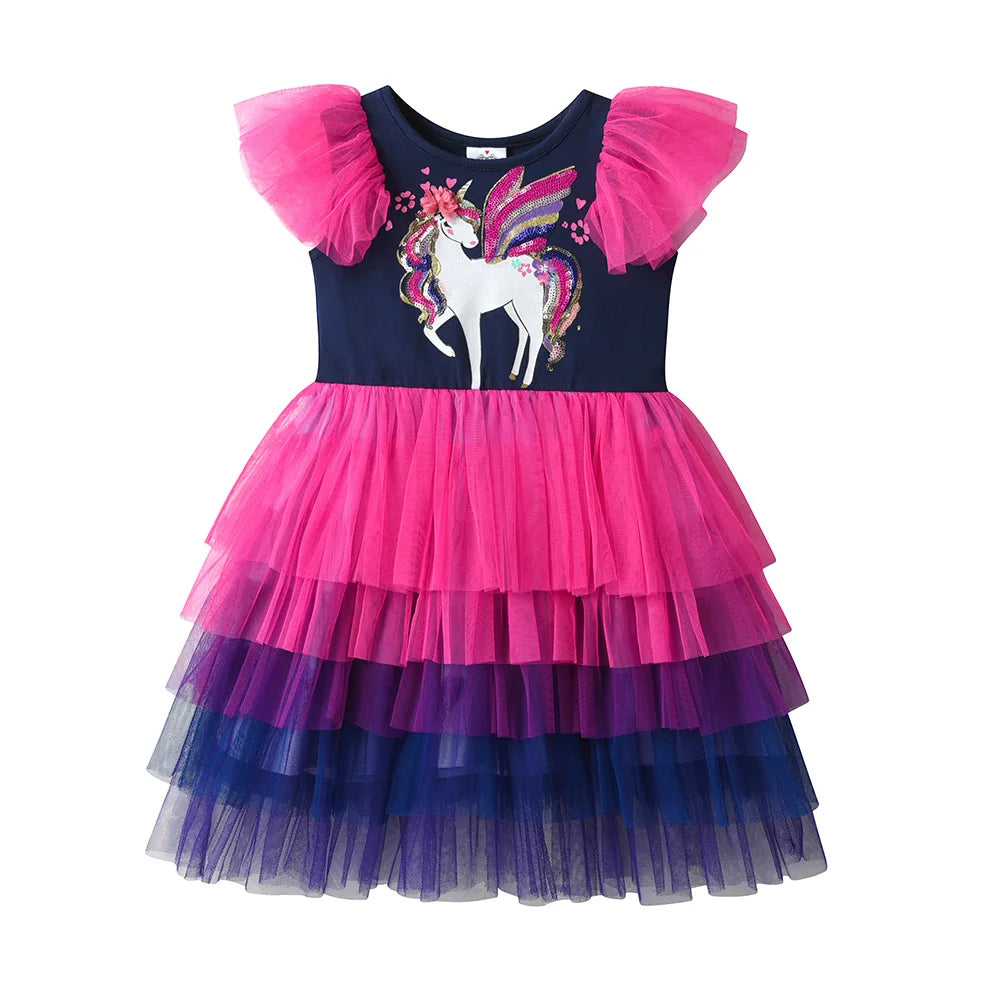 VIKITA Girls Summer Dress Kids Princess Gradient Sequined Wedding Birthday Party Gown Elegant Fashion Frocks Unicorn Costumes
