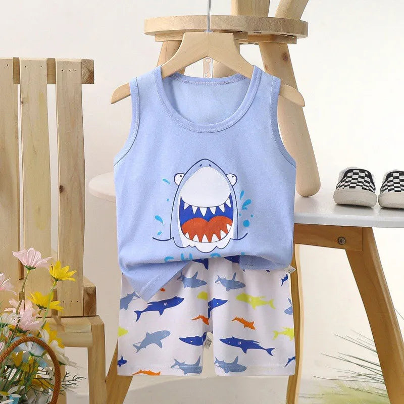 1-6 Y Kids Baby Boys Vest+Shorts 2-Piece Clothing Set Cartoon Printing Summer Girls Cotton Tracksuit Sports Casual Clothes Suit