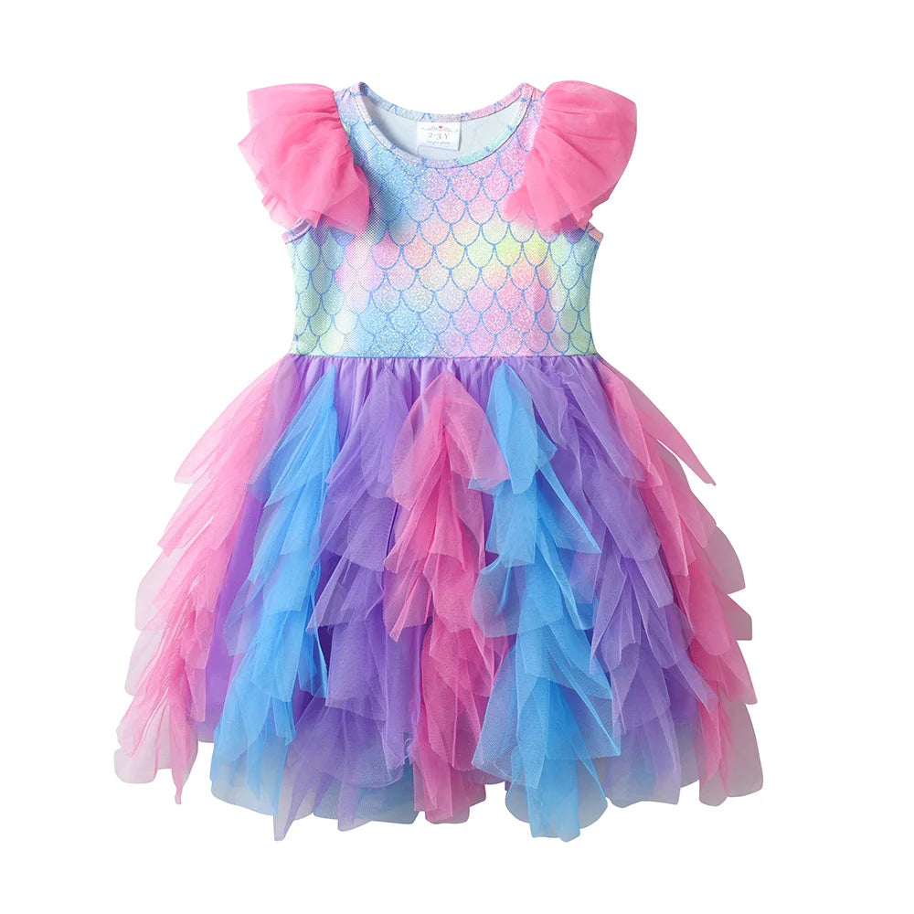 VIKITA Kids Flare Sleeve Dress Girls Summer Vestidos Toddlers Mermaid Print Dresses Girl Irregular Mesh Tulle Layered Cake Dress