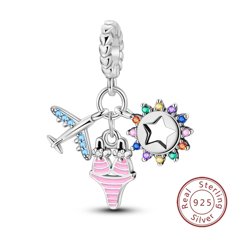 Pink Series Original 925 Sterling Silver Charm Bead Travel Airplane Pendant Fit Original Bracelet Necklace For Women DIY Gift