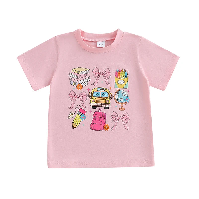 Girls Short Sleeve Crew Neck T-Shirt with Fun School Print Loose Fit Top for Spring and Summer Cute and Comfortable
