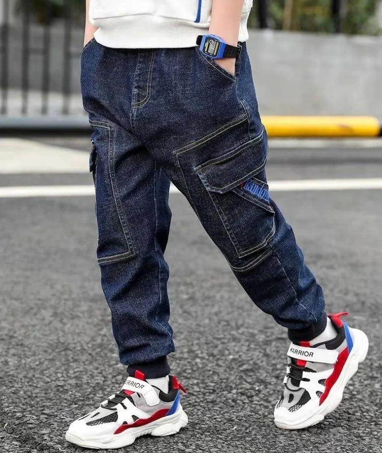 Autumn Winter Boys Fleece-Lined Cargo Pants/Korean Style Thickened Jeans for Toddler Boys
