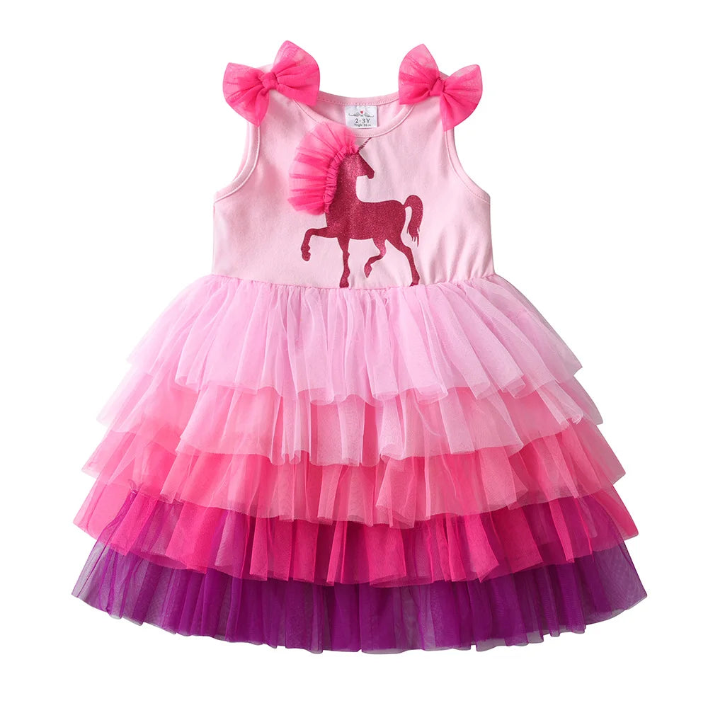 VIKITA Kids Mesh Tulle Tutu Layered Princess Birthday Party Prom Gown Dress Girls Unicorn Cartoon Summer Sleeveless Dresses