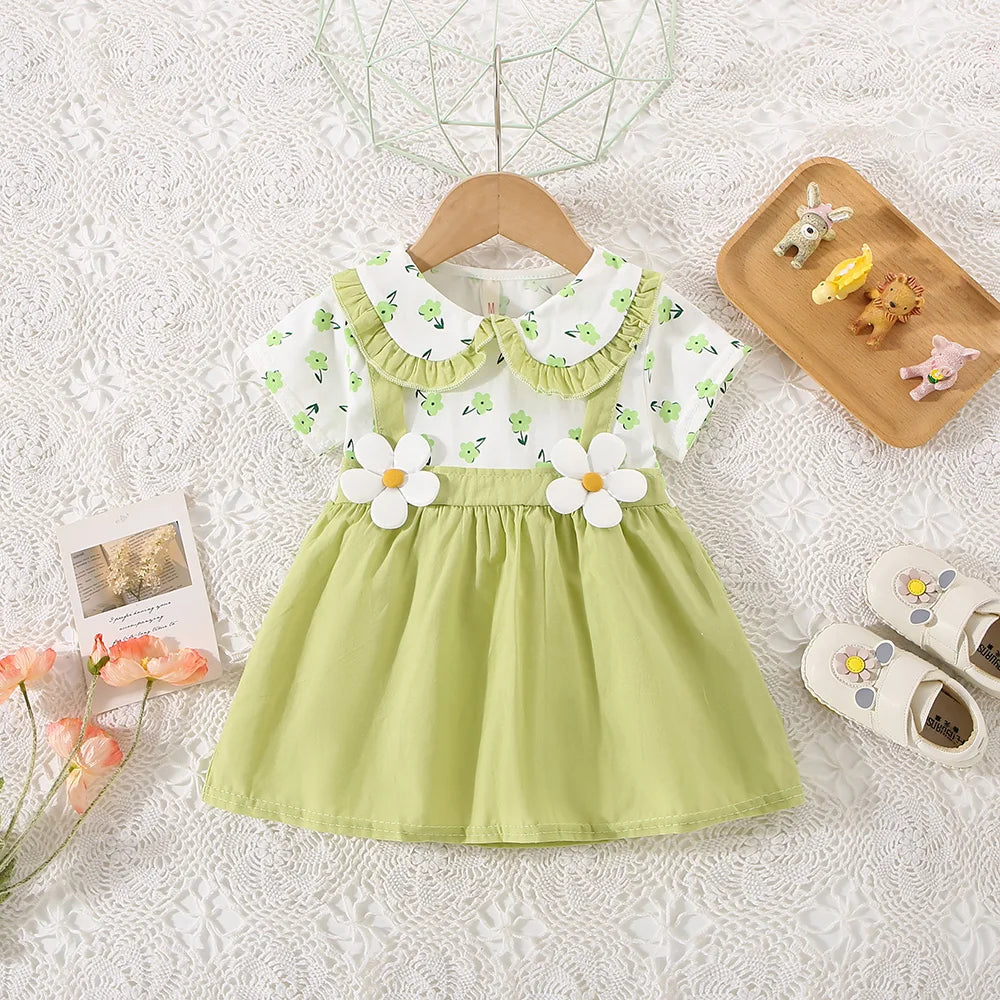 Summer New Style Fake Two Short Sleeved Baby Girl Dress, Small Floral Petal Collar Children'S Clothing (6-24 Months)