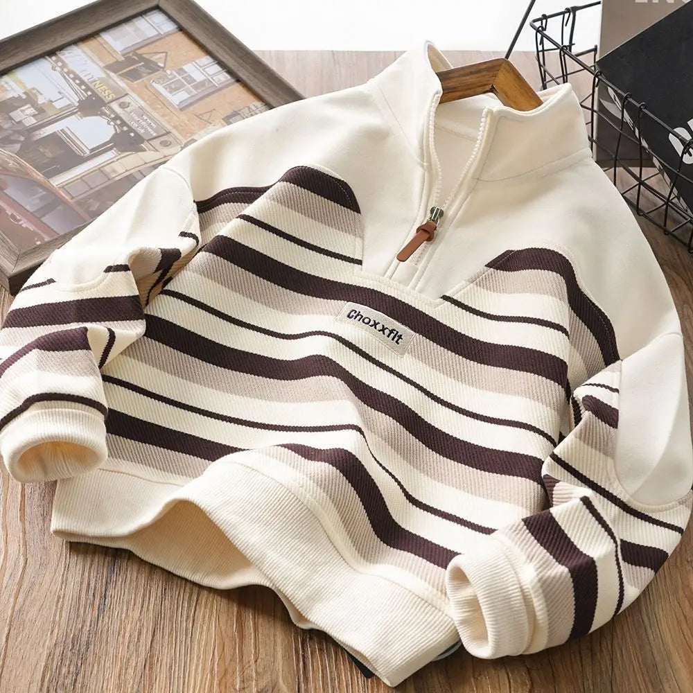 Boys' 7-8Y Striped Stand Collar Zipper Sweatshirt - Kids' Casual Top