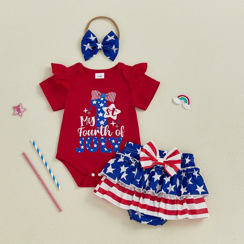 American Flag Print Sleeveless Romper Striped Ruffled Shorts Bow Headband Set for Baby Girl s Independence Day Outfit