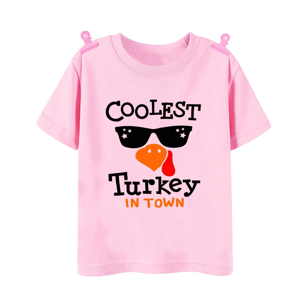 Coolest Turkey in Town Print T Shirt Kid Thanksgiving Clothes Mama's Little Pumpkin Toddler Thanksgiving Tops Cute Halloween Tee