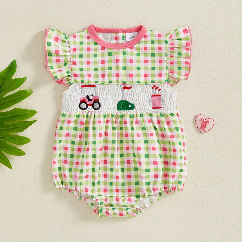 Adorable Infant Romper with Embroidered Floral Design Round Neckline and Flutter Sleeves - Ideal for Warm Weather Seasons