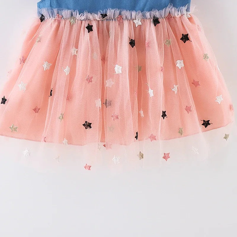 (Girls 0-3 Years Old)New Summer Girls Dress Small Flying Sleeve Bow Cowboy Work Pompous Past Polka Dot Color Sweet Princess Dres
