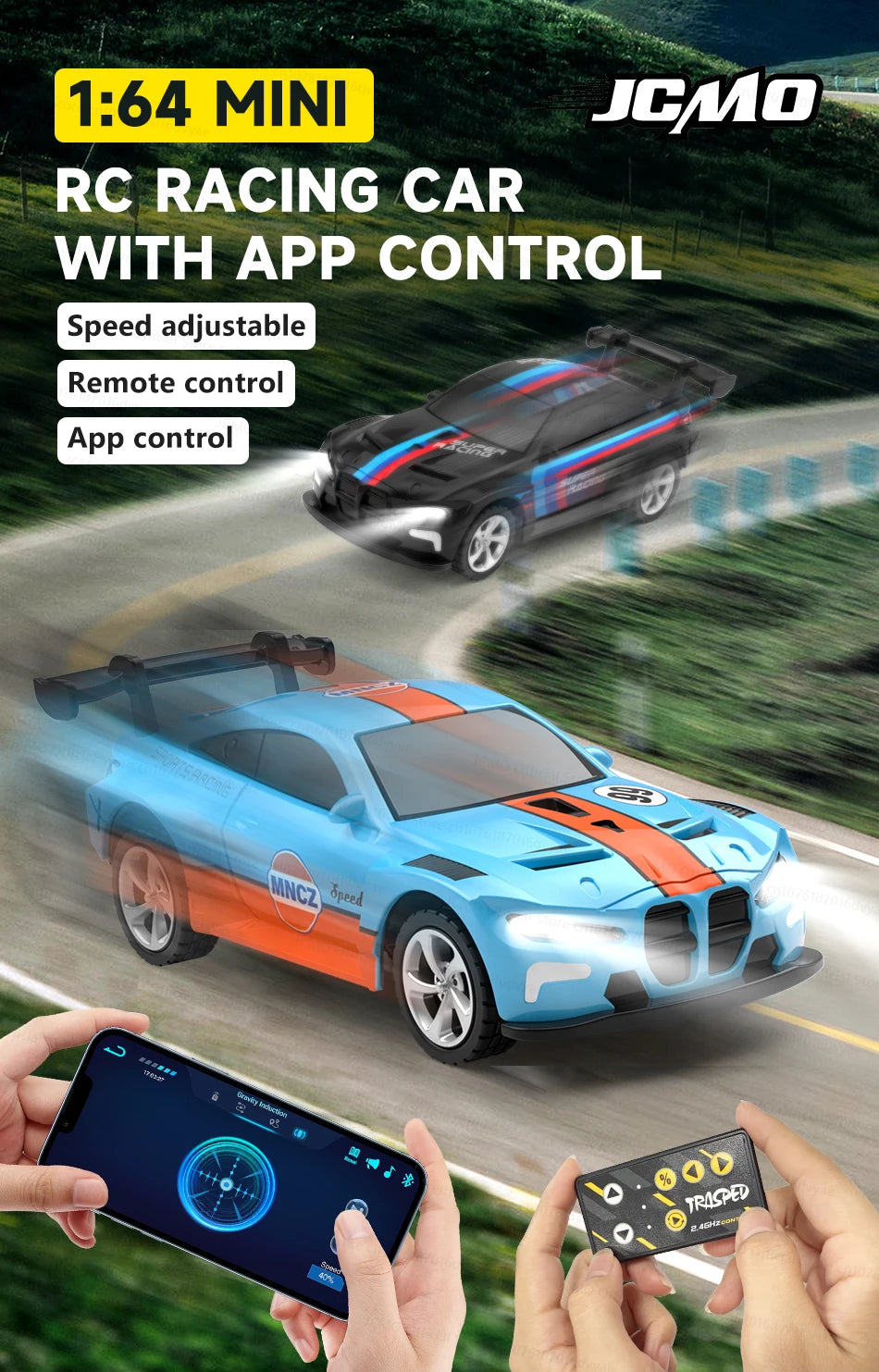 JCMO Racing Car Mini Scale 1:64 Three Speed Adjustment High Speed Mobile Phone Controllable Toy Remote Control Racer For Kids