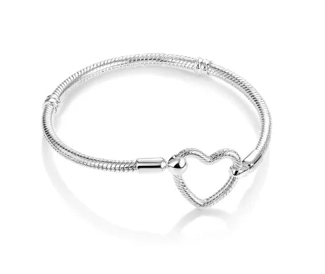 New 925Silver original 17-21CM Pearl Heart-Shaped Hard Ring Square Buckle Round Bracelet Fit for DIY Mini Birthday Jewelry Gifts