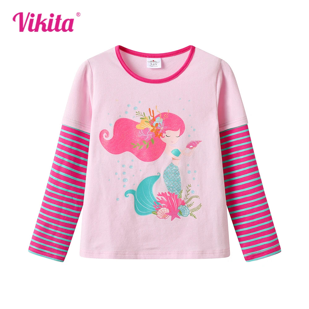VIKITA 2025 New Children Clothes Kids Striped Pink Long Sleeve Tops Wear Girls Mermaid Print Daily Cotton Casual Cute Tees