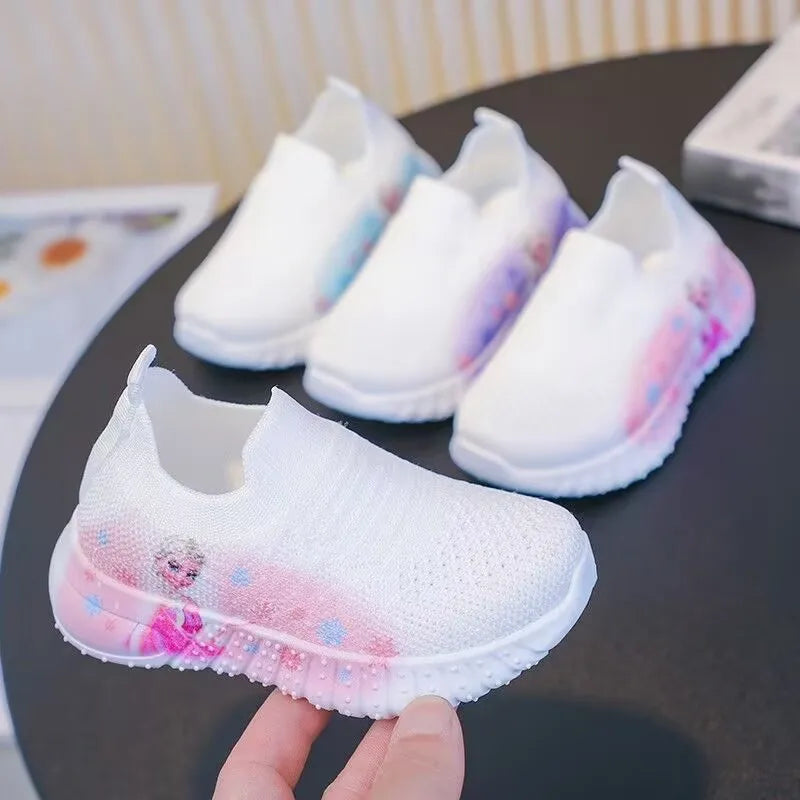 Disney Solid White Fashion Knitting Frozen Princess Elsa Children Casual Shoes Kids' Light Breathable Stretch Socks Sneakers Siz