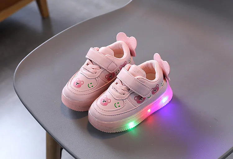 Disney LED Casual Sneakers For Spring Outdoor Cartoon Shoes Children Lighted Non-slip PU Leather Bear White Shoes Size 21-30