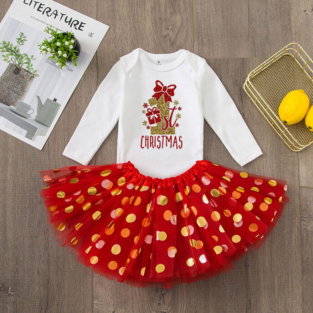 My 1St Christmas Baby Bodysuit Cake Dresses Set Infant Girls Long Sleeve Playsuit Tutu Skirts Clothes Toddler Xmas Party Outfits
