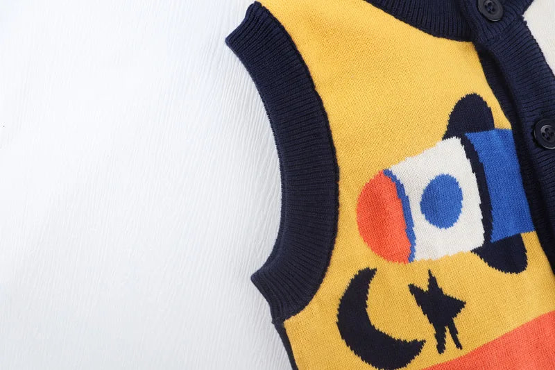 Autumn Spring Boy Girl Sweater Rocket Giraffe Cardigan Stitch Kid Clothing Sleeveless Buttons Baby Costume 2-6Y Children Sweater