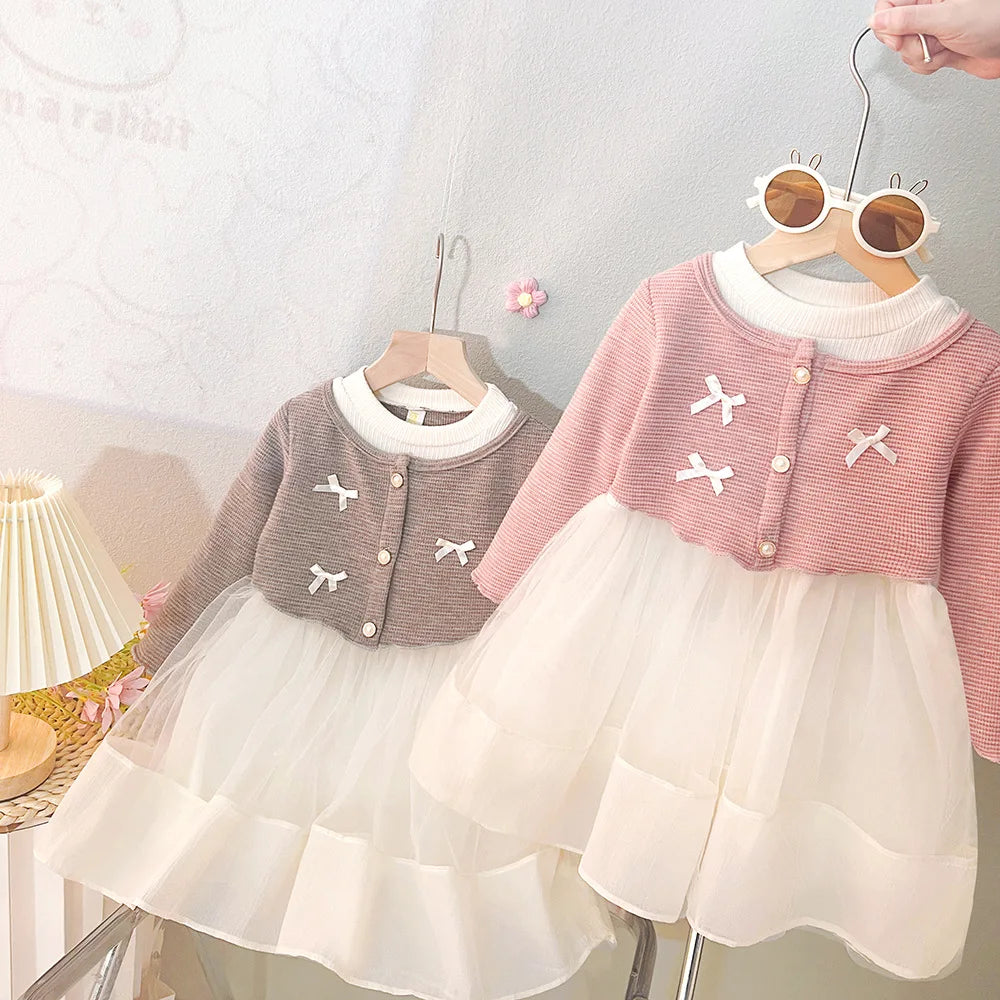 Spring And Autumn New Sweet Bow Baby Girl Dress, Princess Style Children'S Long Sleeved Clothes For Babies Aged 0-3 Years Old