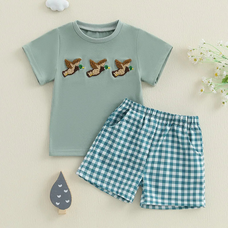 Infant Boy Outfit Set with Cute Animal Embroidery Short Sleeve Tee and Stylish Plaid Shorts for Summer 2 Piece Set