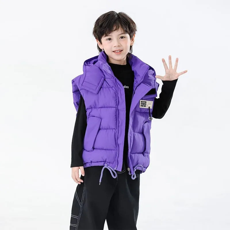 2025 Kids Puffy Windproof Quilted Sleeveless Jacket Korean Style Oversized Cargo Vest for Toddler Boys Thermal Insulated Outdoor