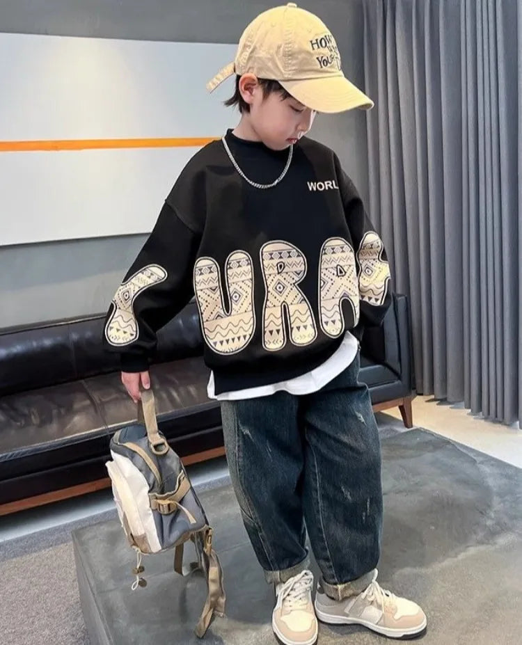 Boys' Medium-Large 2025 New Spring/Autumn Trendy No Hood Layering Top Sweatshirt