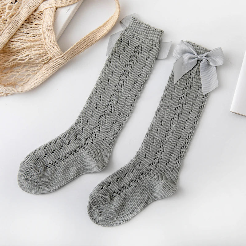 1 Pairs Summer Bow Baby Girls Socks Toddler Long Sock Infant Knee High Cotton Mesh Spanish Style Breathable Socks For 0-8Years