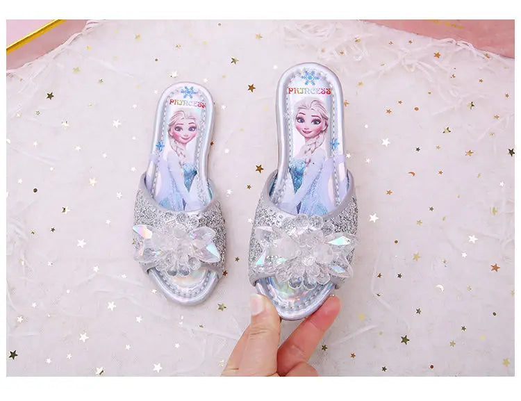 Disney Children's Sandals Frozen Slippers Fashion Elsa Princess Shoes Crystal Flowers Non-slip Blue Pink Silver Girls' Sandals