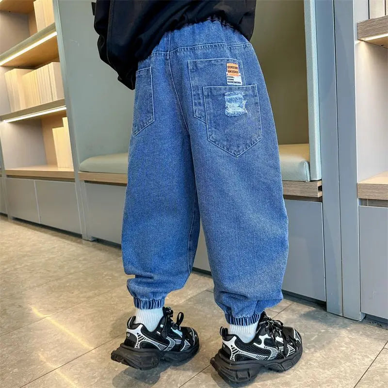2025 New Boys' Denim Jeans Spring Autumn Kids Casual Sport Pants Long Korean Style Trendy Streetwear