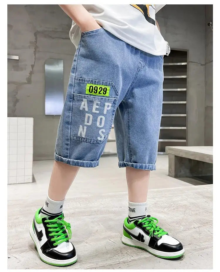 2024 New Teenage Boys Denim Shorts 4-10 Years Summer Fashion Letter Printed Soft Trousers For Kids Children Casual Pants