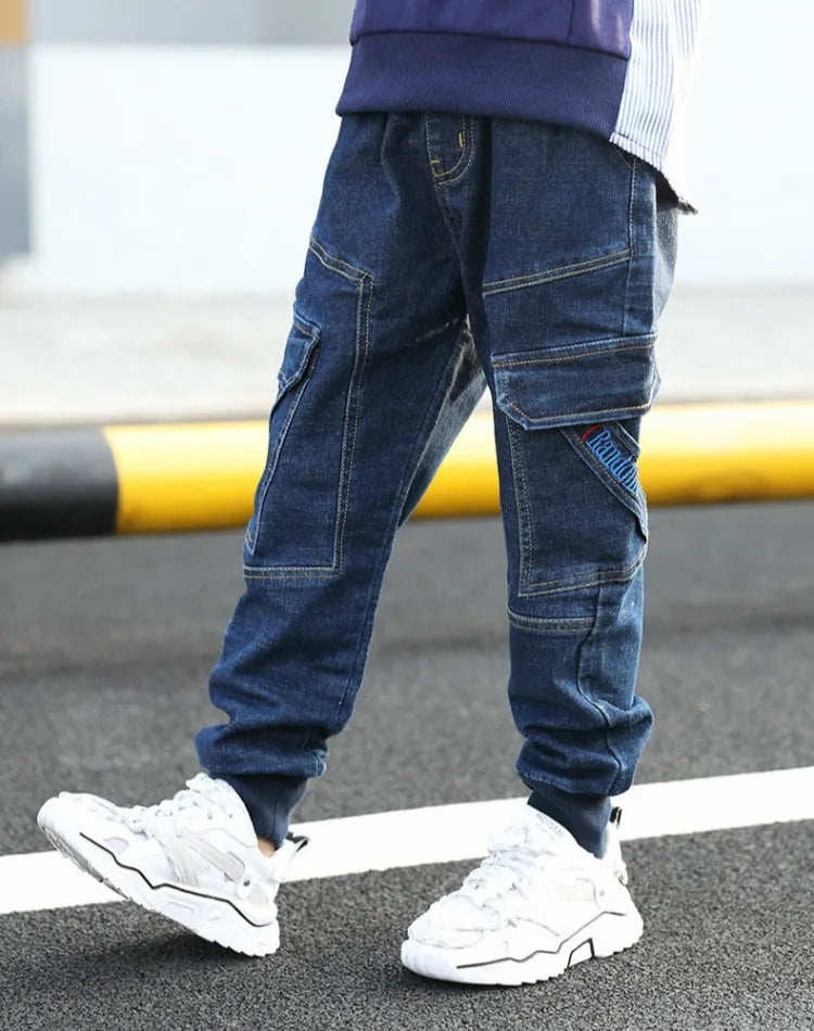 Autumn Winter Boys Fleece-Lined Cargo Pants/Korean Style Thickened Jeans for Toddler Boys